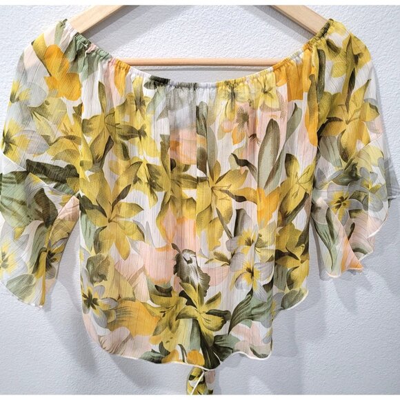 Shein Floral Off-Shoulder Tie-Front Cropped Sheer Top with Bell Sleeves Size M - Picture 7 of 9